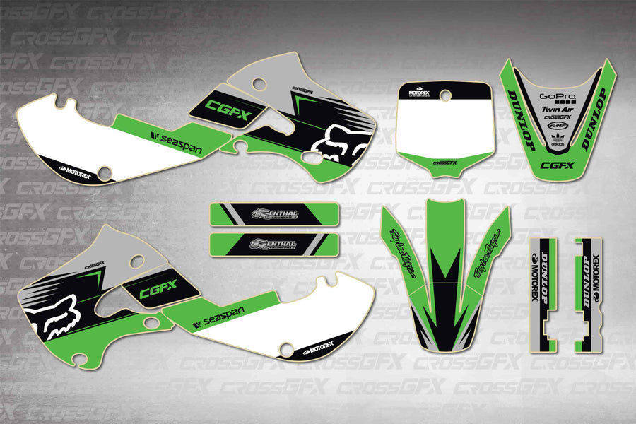 Graphics for Kawasaki KLX 110 2002-2009 - Cord Green - flat layout showing all decal pieces included
