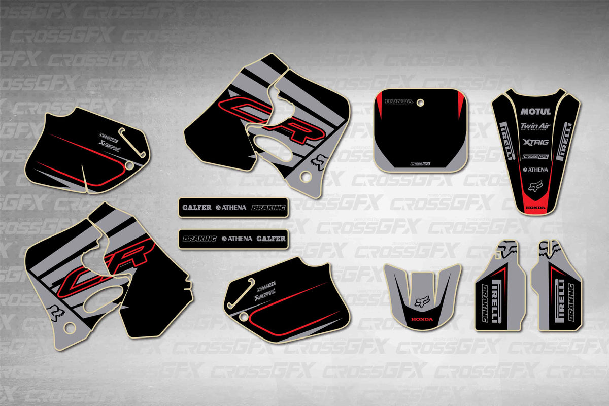 Graphics for Honda CR 125R 1993-1994 - Crisp Grey - flat layout showing all decal pieces included