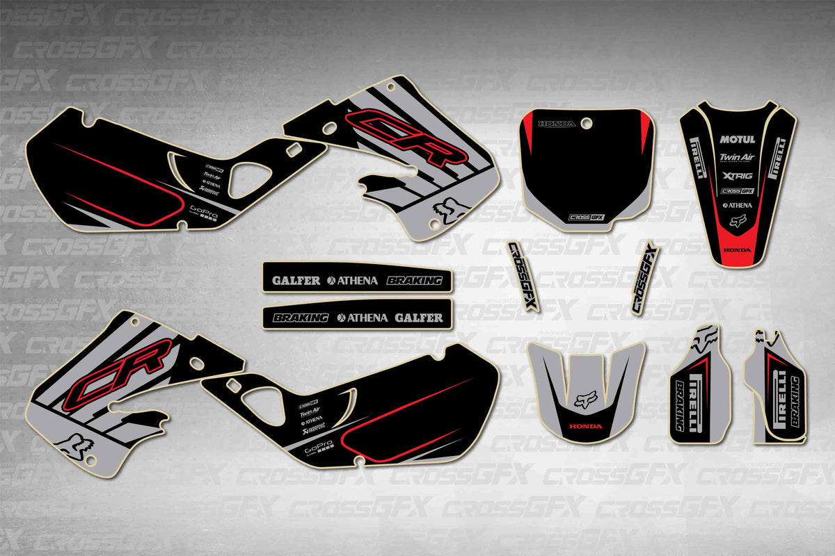 Graphics for Honda CR 125R 1998-1999 - Crisp Grey - flat layout showing all decal pieces included