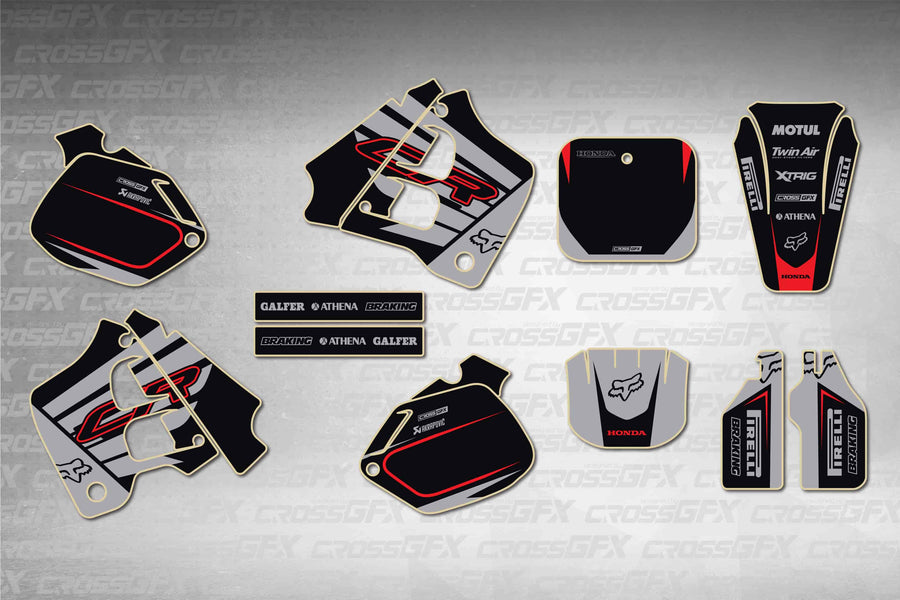 Graphics for Honda CR 250R 1990-1992 - Crisp Grey - flat layout showing all decal pieces included