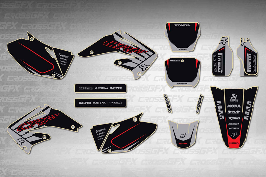 Graphics for Honda CRF 450R 2002-2004 - Crisp Grey - flat layout showing all decal pieces included