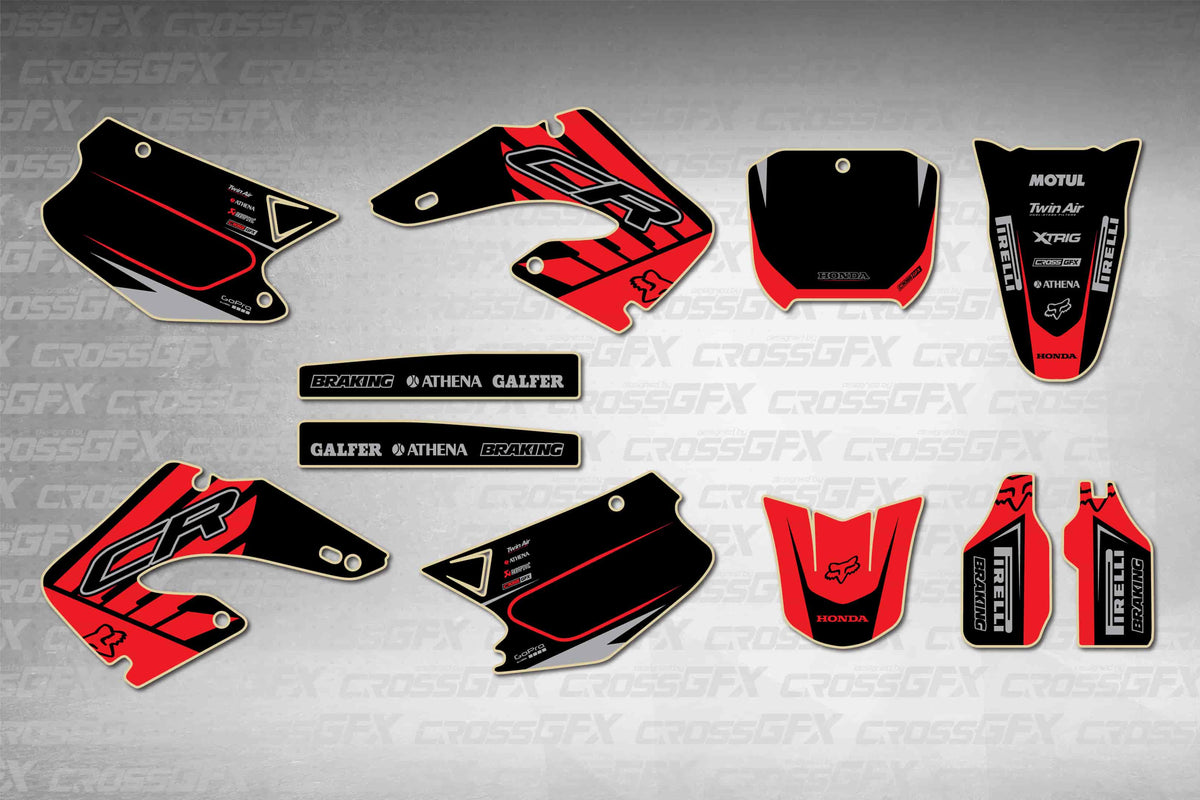 Graphics for Honda CR 125R 2000-2001 - Crisp Red - flat layout showing all decal pieces included