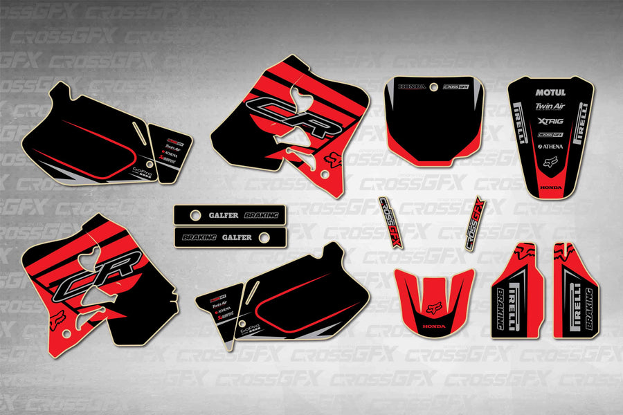 Graphics for Honda CR 250R 1995-1996 - Crisp Red - flat layout showing all decal pieces included