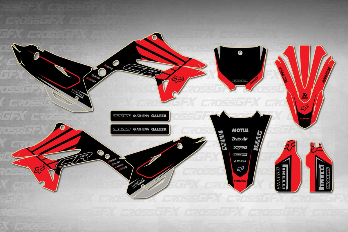Graphics for Honda CR 250R 2002-2007 Polisport 2022 Restyle - Crisp Red - flat layout showing all decal pieces included