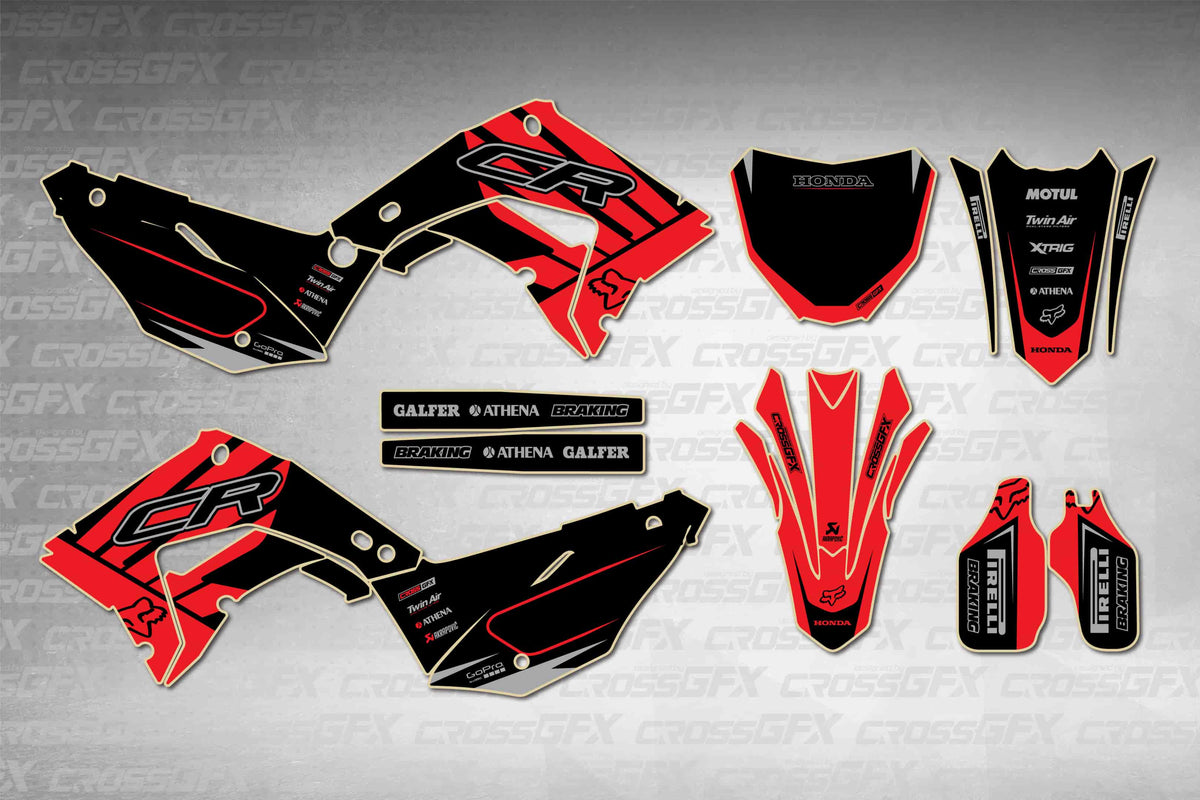 Graphics for Honda CR 250R 2002-2007 Polisport - Crisp Red - flat layout showing all decal pieces included