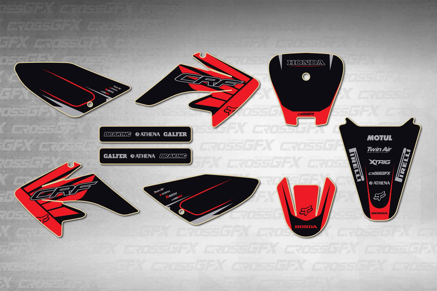 Graphics for Honda CRF 100F 2004-2010 - Crisp Red - flat layout showing all decal pieces included