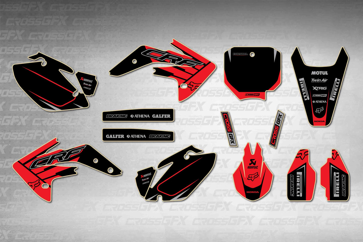Graphics for Honda CRF 150R 2007-2026 - Crisp Red - flat layout showing all decal pieces included