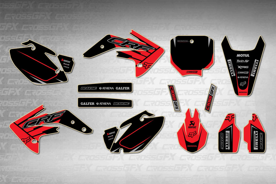 Graphics for Honda CRF 150R 2007-2026 - Crisp Red - flat layout showing all decal pieces included