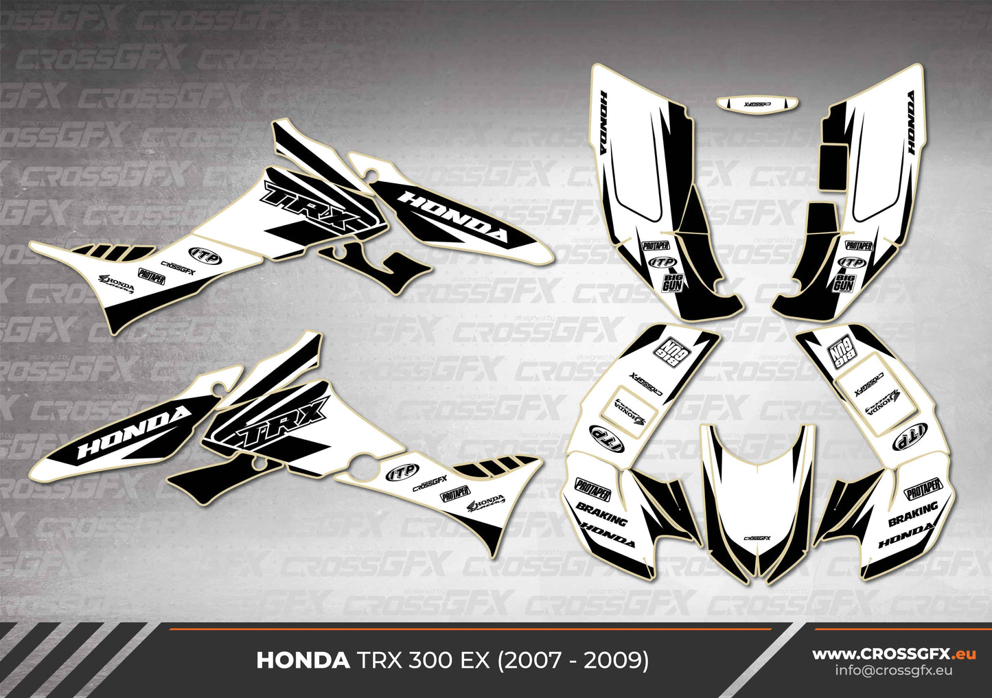Honda TRX 300 EX 2007 - 2009 semi-custom Crisp White graphics kit 2D layout.