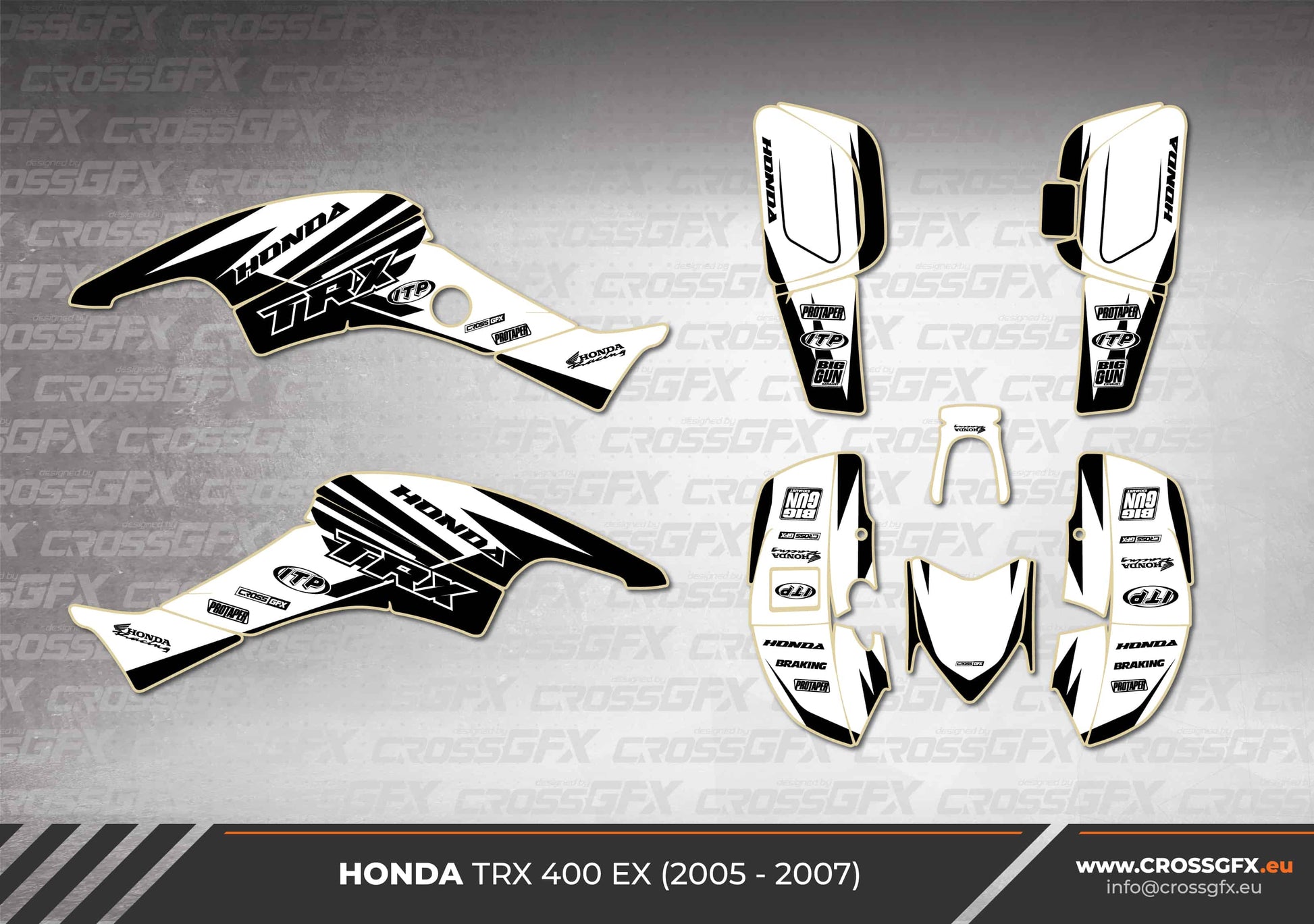 TRX 400 EX Crisp White semi-custom graphics kit flat layout.
