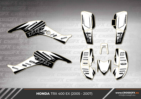 TRX 400 EX Crisp White semi-custom graphics kit flat layout.