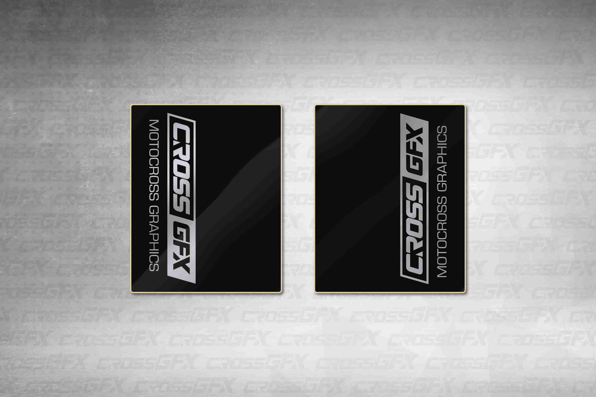 CrossGFX Black Chrome fork wraps, black wraps with a silver chrome CrossGFX logo, flat layout