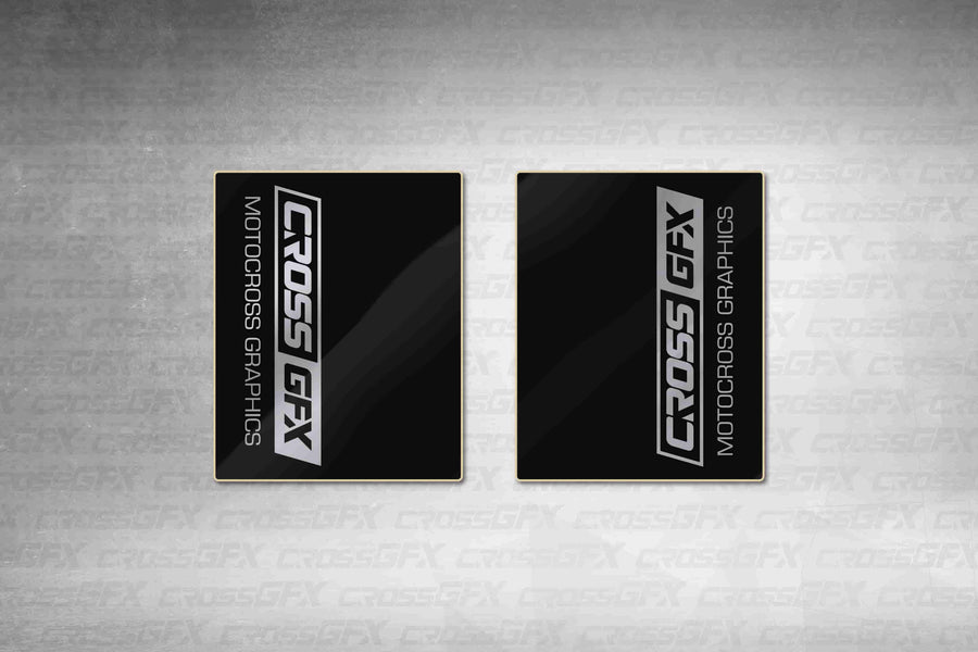 CrossGFX Black Chrome fork wraps, black wraps with a silver chrome CrossGFX logo, flat layout