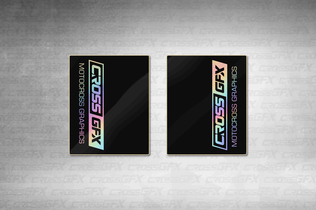 CrossGFX Black Holographic fork wraps, black wraps with a holographic CrossGFX logo, flat layout