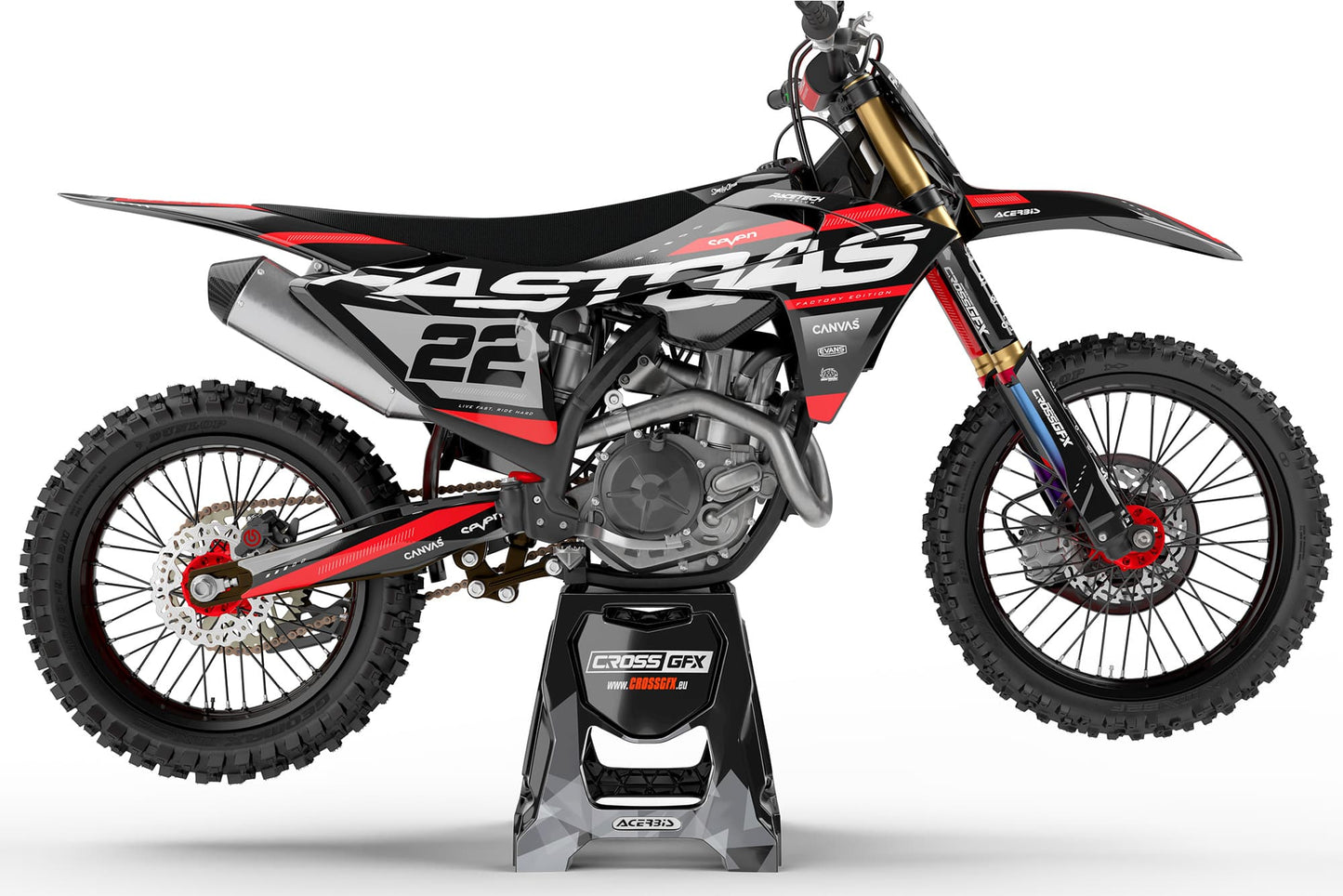 Right side view of the Pulse Black off-road decal kit on a GasGas.