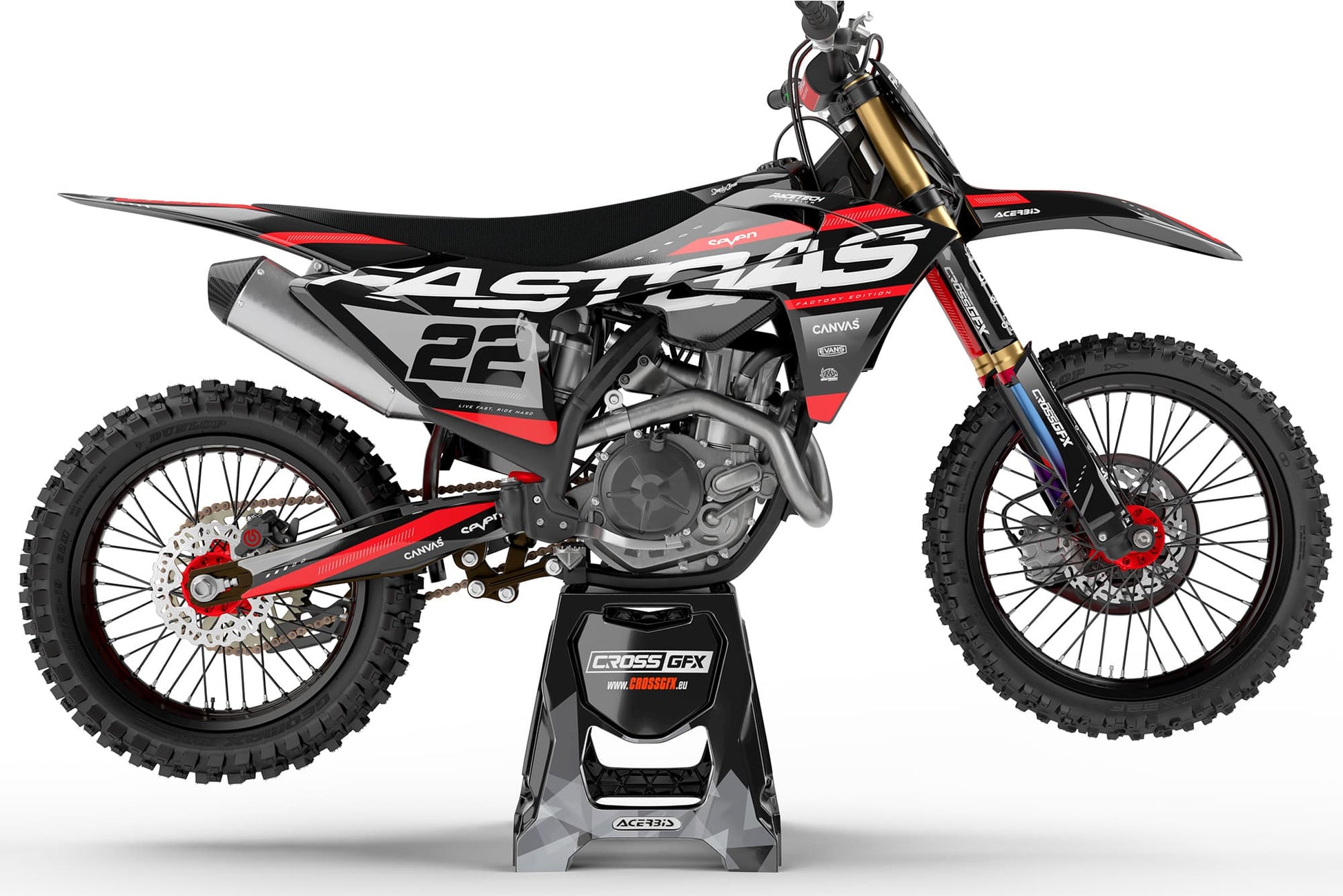 Right side view of the Pulse Black off-road decal kit on a GasGas.
