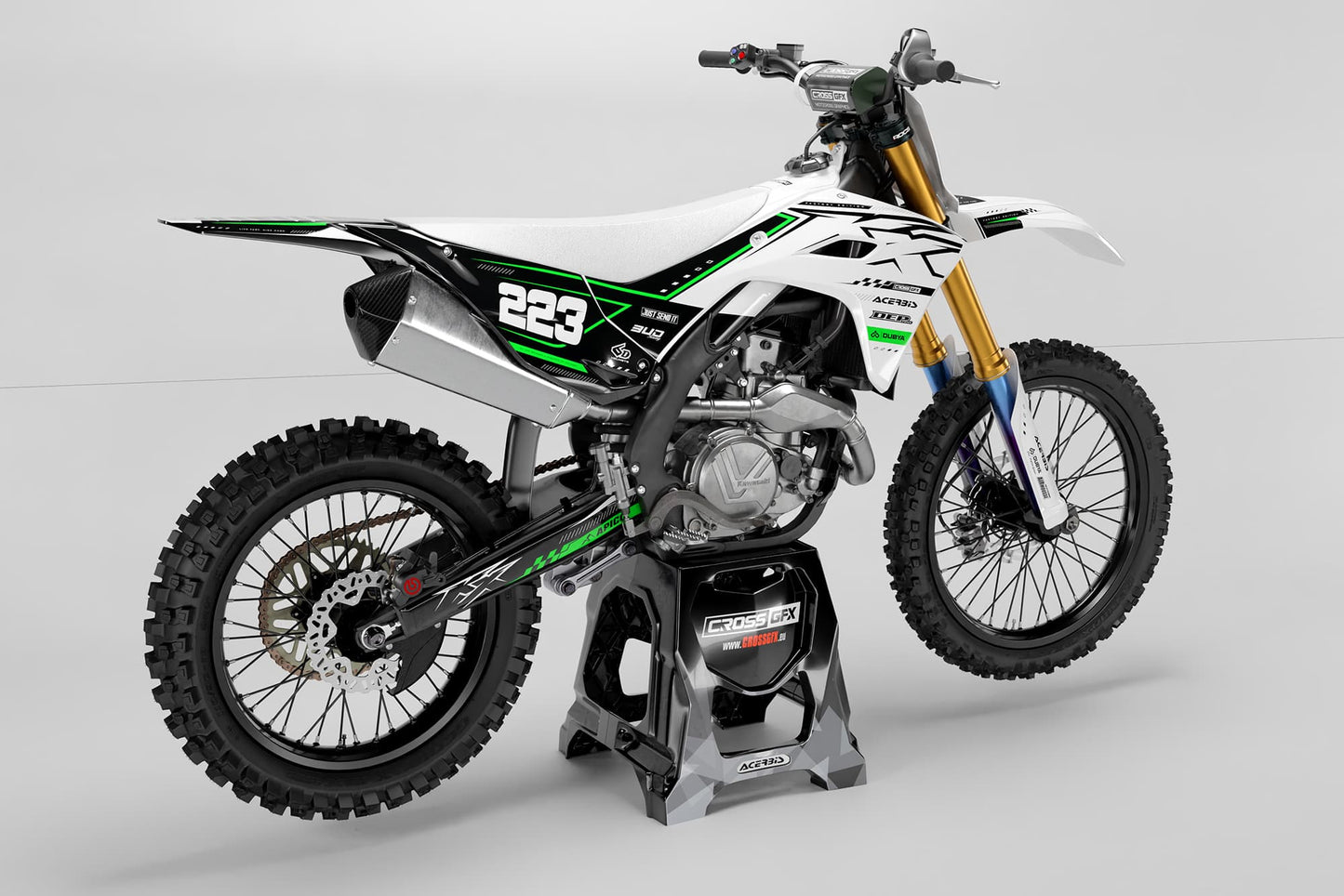Promotional Rear angle shot of the Kawasaki Flux White semi-custom graphics details.