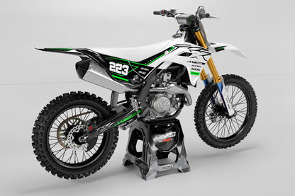Promotional Rear angle shot of the Kawasaki Flux White semi-custom graphics details.