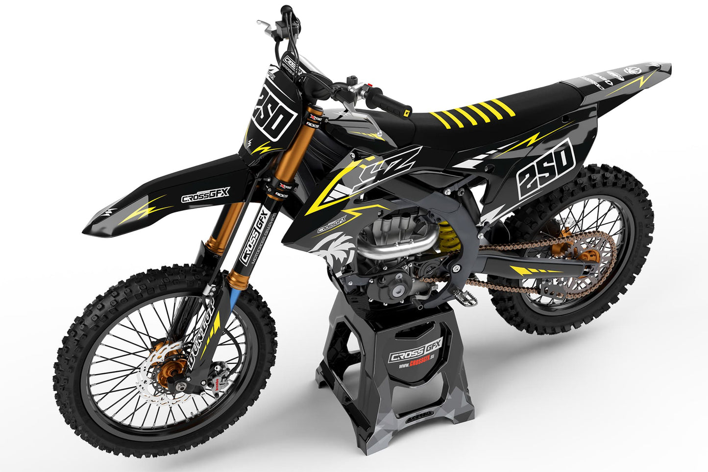 Left side view of the Stroke Black racing graphics kit on a Yamaha dirt bike.