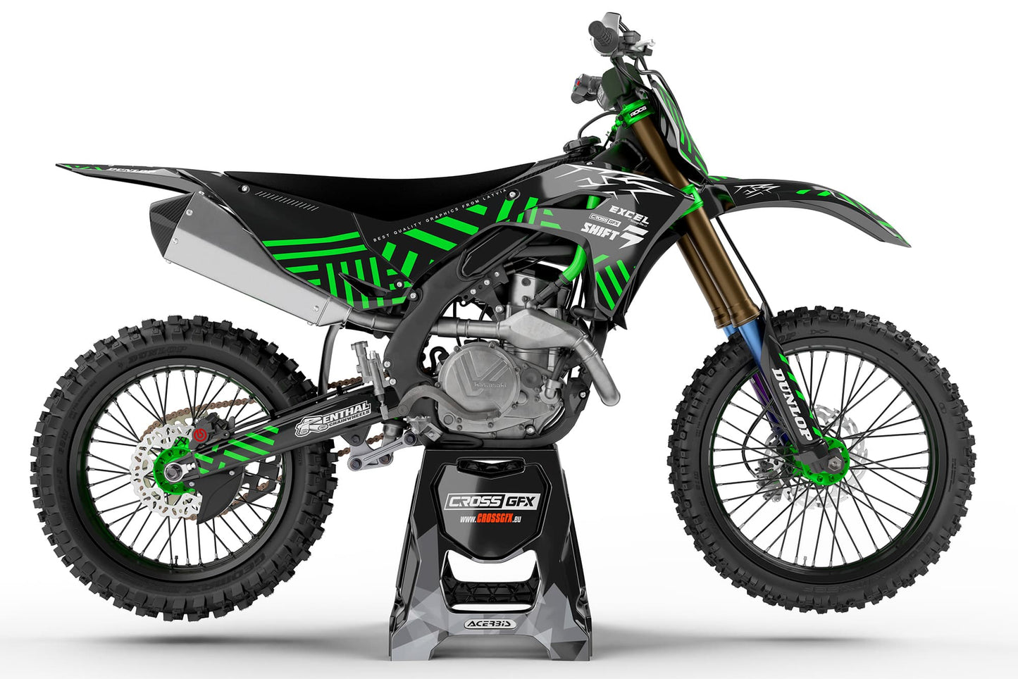 Right side view of the Culture Green off-road decal kit on a Kawasaki.