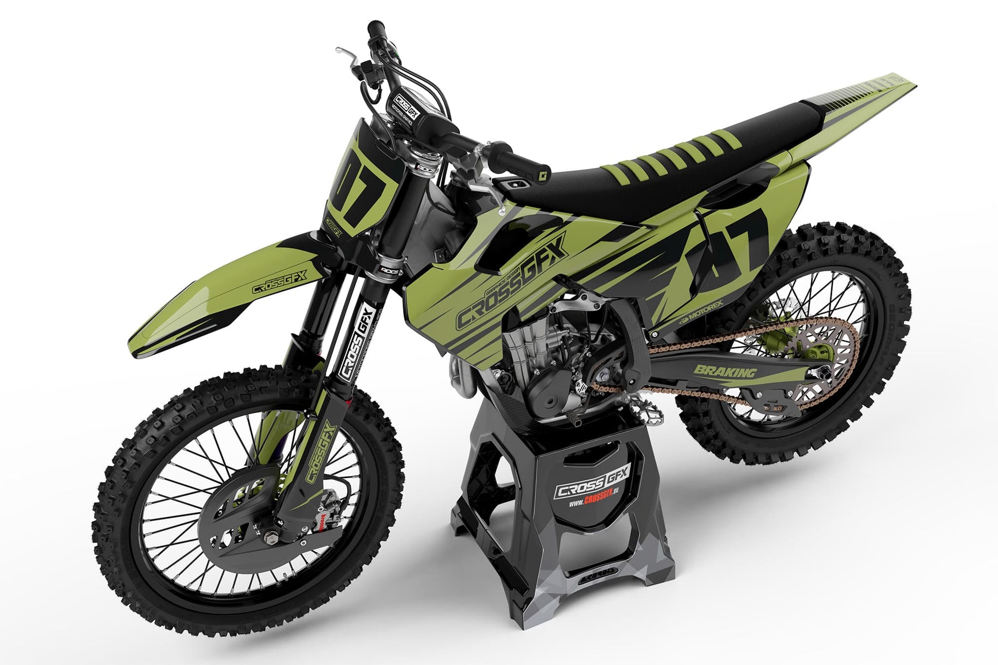 Side view of the Apex Military custom graphics kit on a Husqvarna dirt bike.