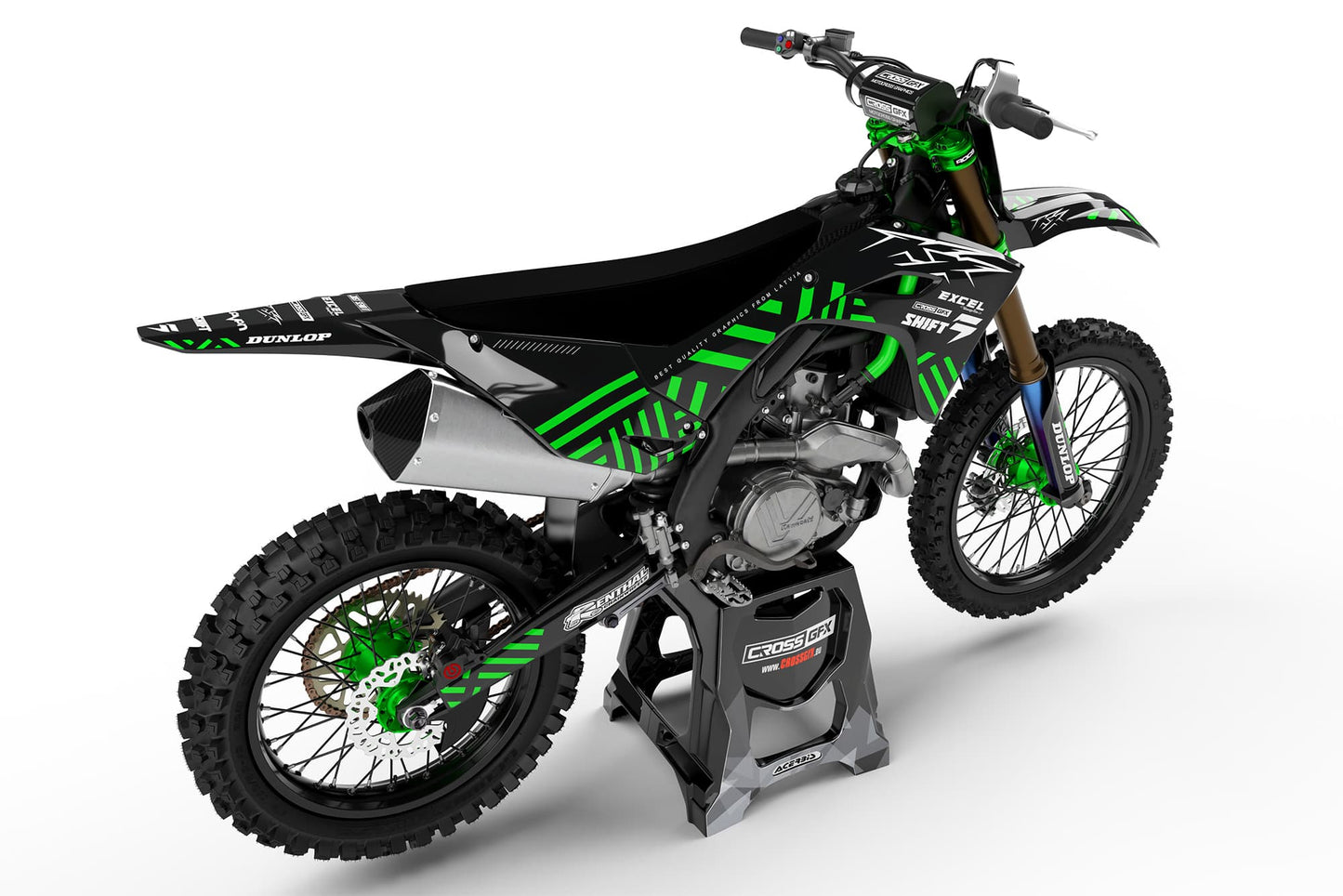 Rear view of the Culture Green custom decal kit on a Kawasaki motorcycle.