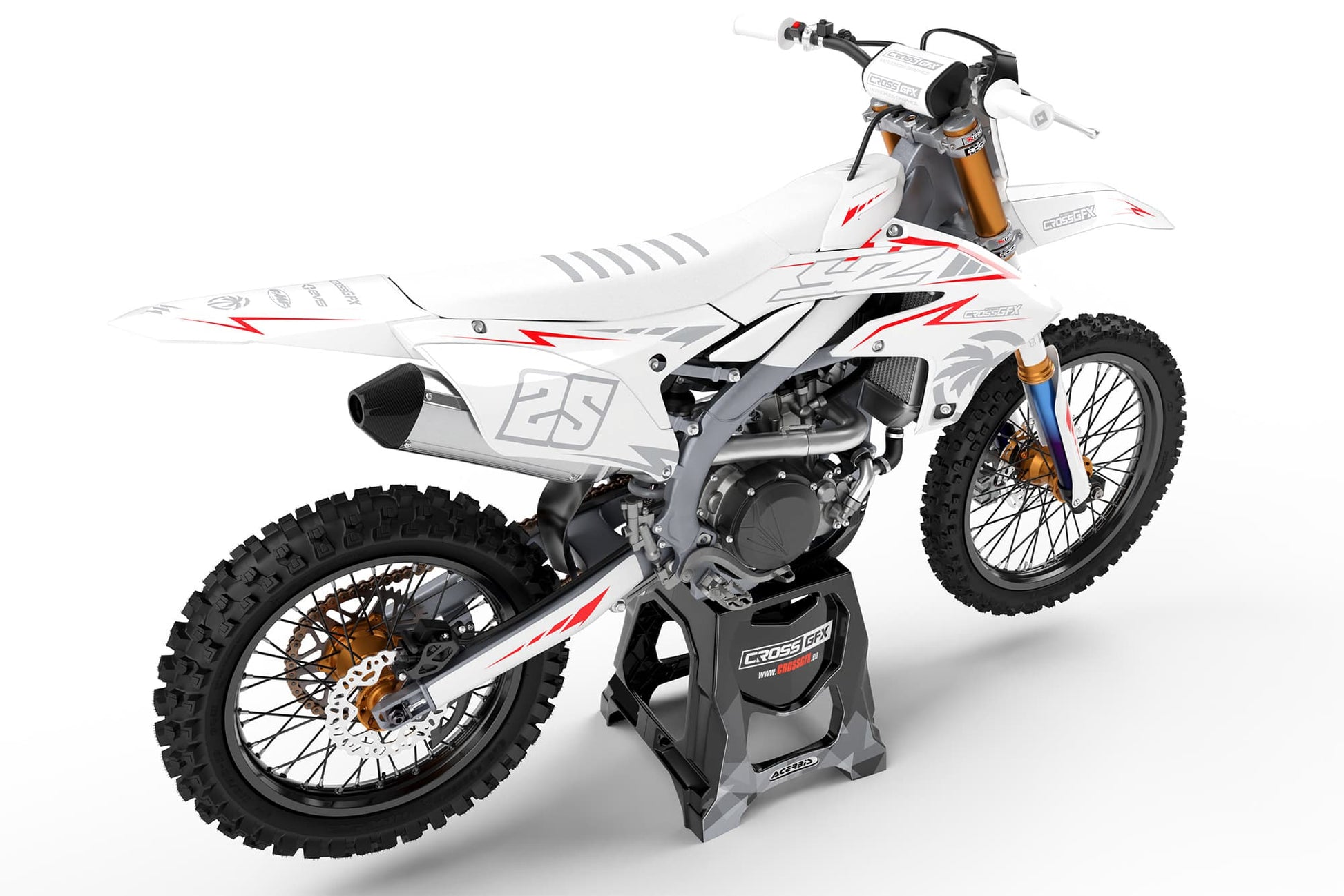 Rear view of the Stroke White custom decal kit on a Yamaha motorcycle.