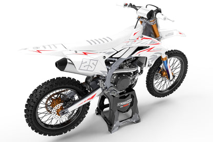 Rear view of the Stroke White custom decal kit on a Yamaha motorcycle.