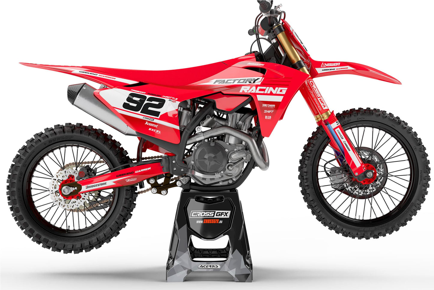 Right side view showing the Factory Red off-road kit on a GasGas machine.