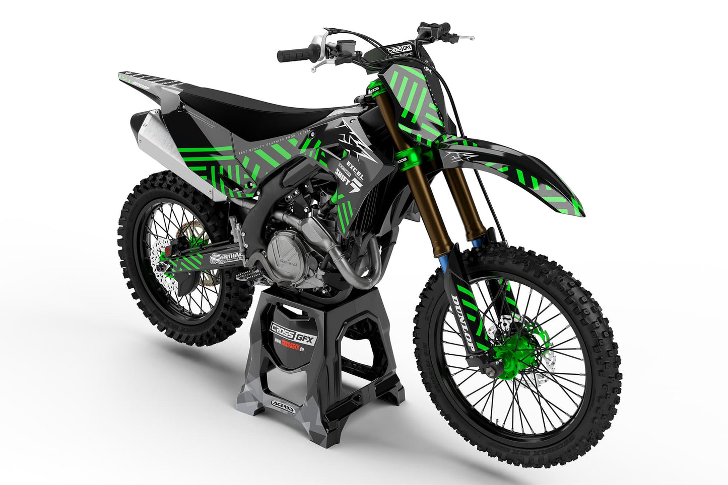 Front view of the Culture Green motocross graphics kit on a Kawasaki dirt bike.