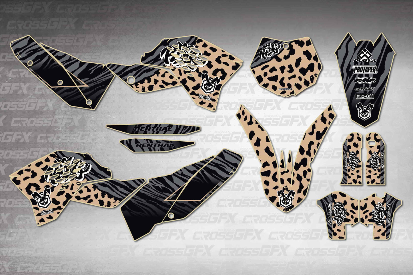 KTM SX-F 2007-2010 Panther Desert graphics kit - flat layout showing all decal pieces included