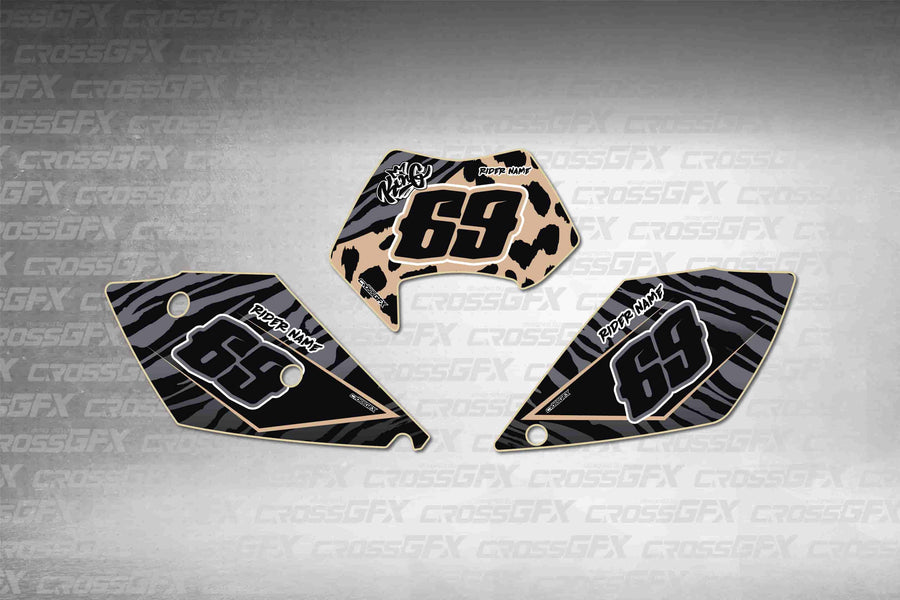 Graphics for KTM EXC 2005-2007 - Panther Desert number plate decals - flat layout showing all pieces included