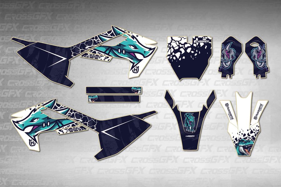 Husqvarna EE 3 2023-2026 Dino Teal graphics kit - flat layout showing all decal pieces included