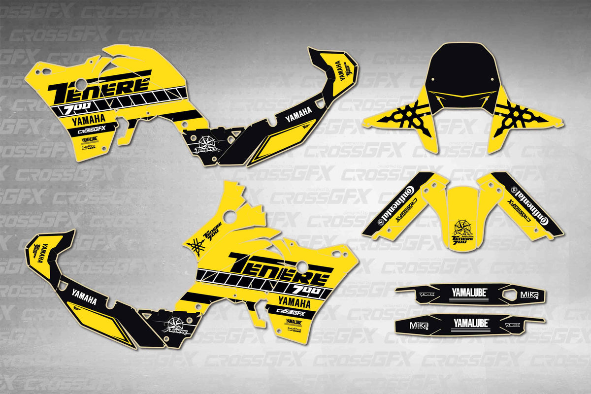Graphics for Yamaha Tenere 700 2019-2024 - Direction Yellow - flat layout showing all decal pieces included