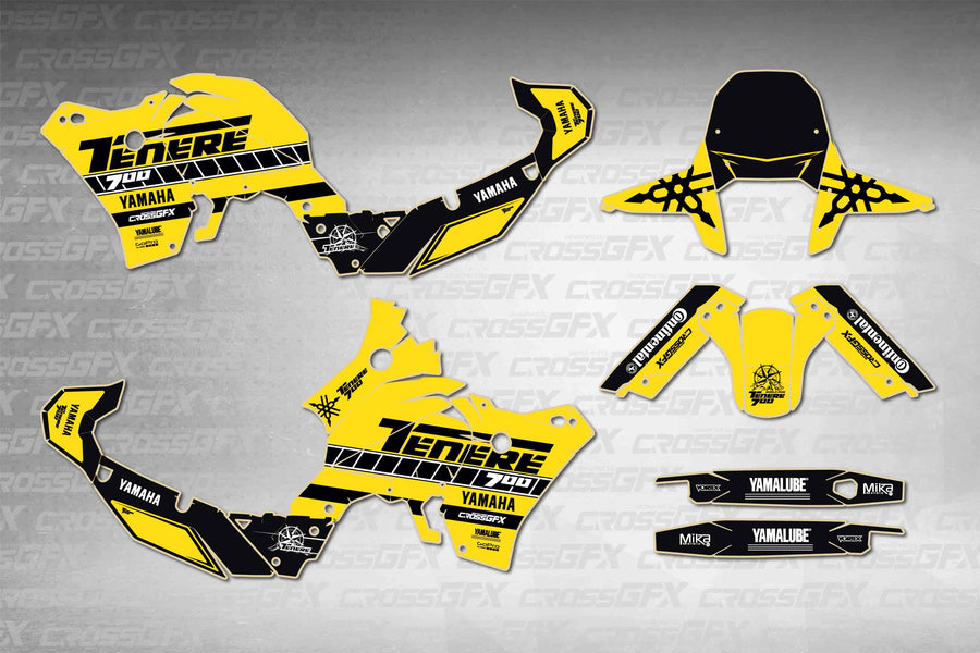 Graphics for Yamaha Tenere 700 2019-2024 - Direction Yellow - flat layout showing all decal pieces included