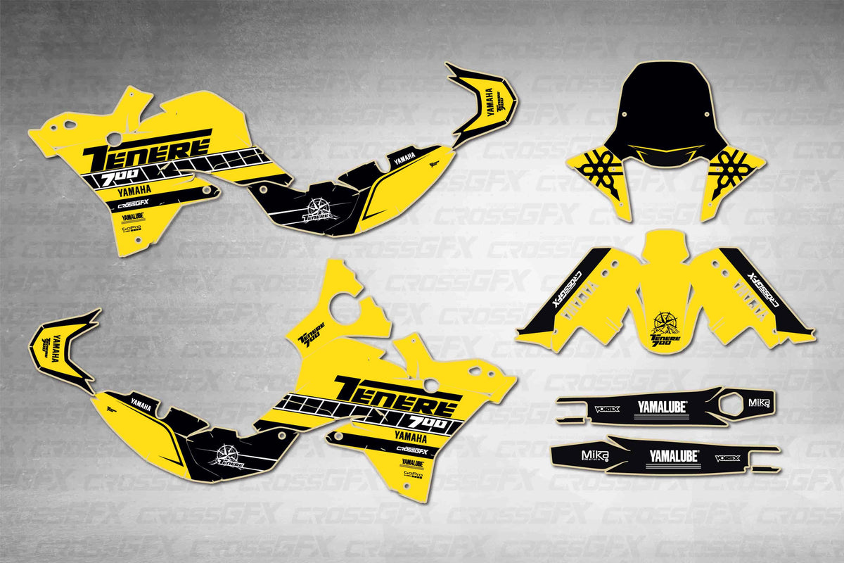 Graphics for Yamaha Tenere 700 2025-2026 - Direction Yellow - flat layout showing all decal pieces included