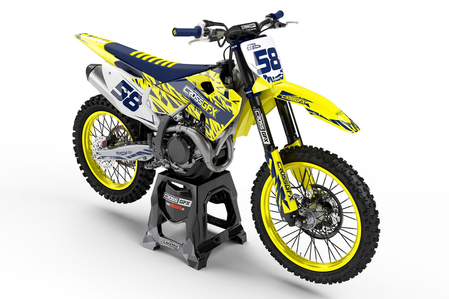 Front view of the Element Yellow graphics kit on a Husqvarna motocross bike.
