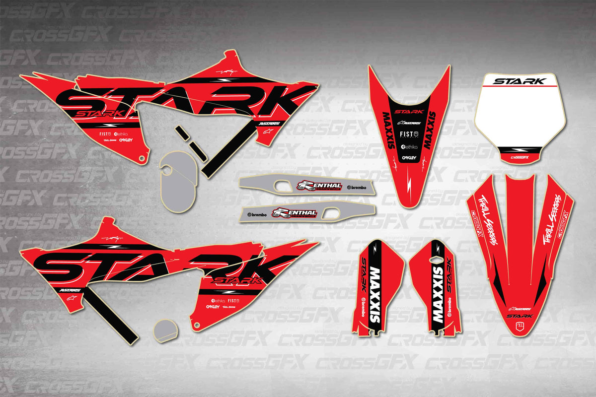 Stark Varg MX First Red graphics kit - flat layout showing all decal pieces included