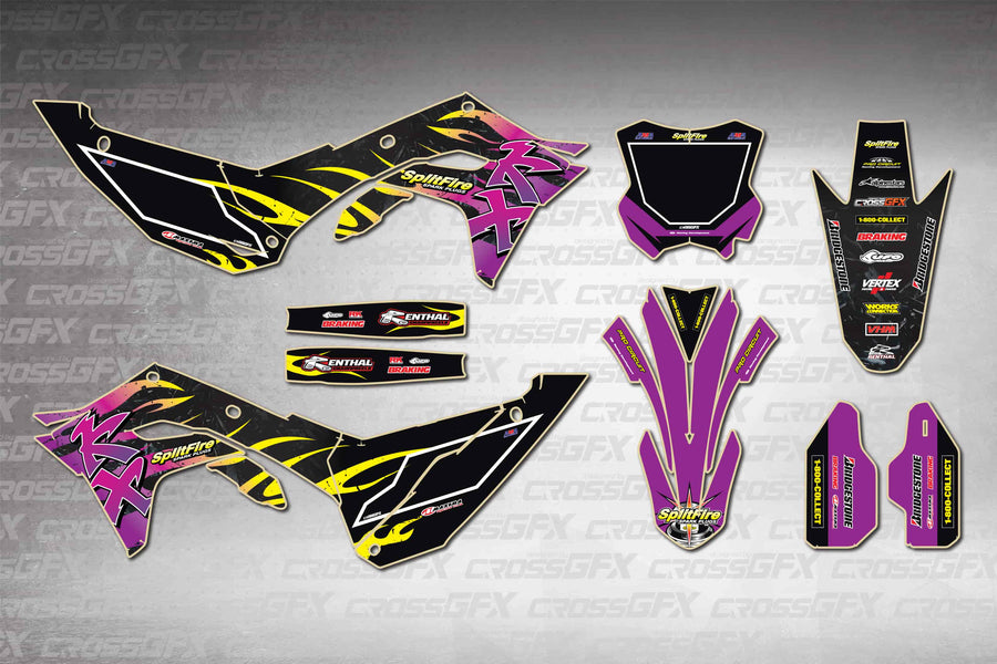 Graphics for Kawasaki KX 250 2025-2026 - Flame Purple - flat layout showing all decal pieces included