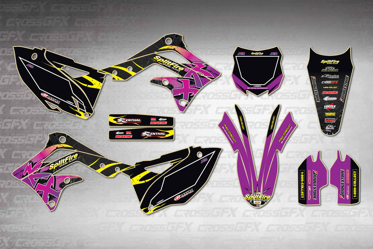 Graphics for Kawasaki KX 450F 2013-2015 - Flame Purple - flat layout showing all decal pieces included