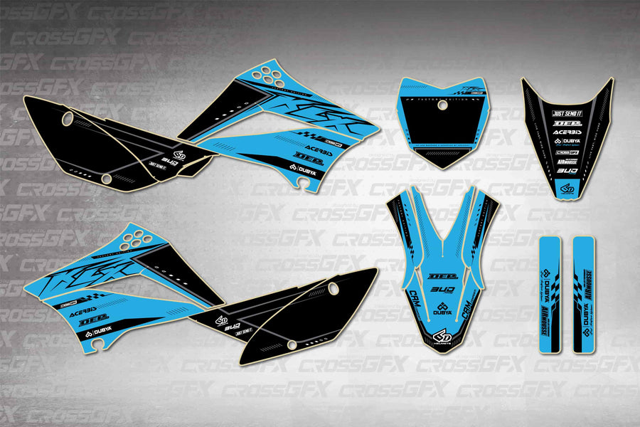 Graphics for Kawasaki KLX 110 2010-2026 - Flux Blue - flat layout showing all decal pieces included
