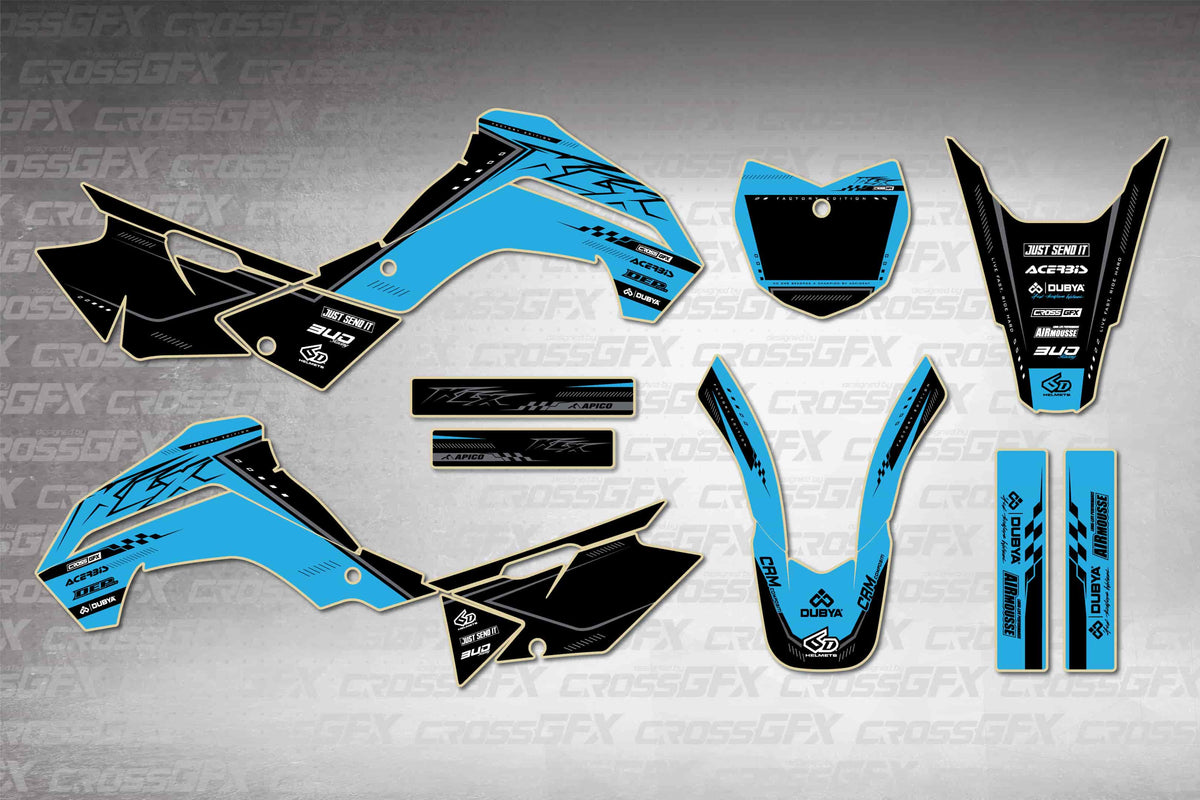 Graphics for Kawasaki KLX 140G 2019-2020 - Flux Blue - flat layout showing all decal pieces included