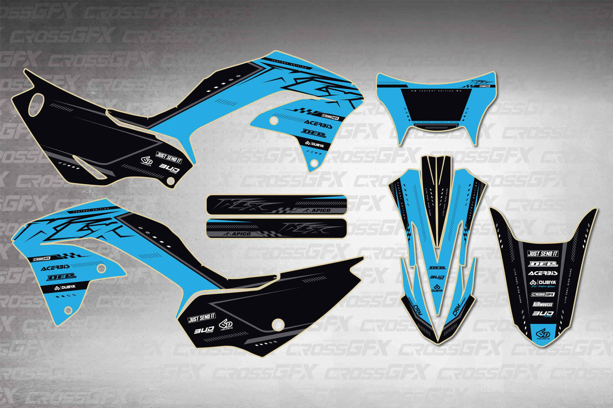 Graphics for Kawasaki KLX 230 2020-2023 - Flux Blue - flat layout showing all decal pieces included