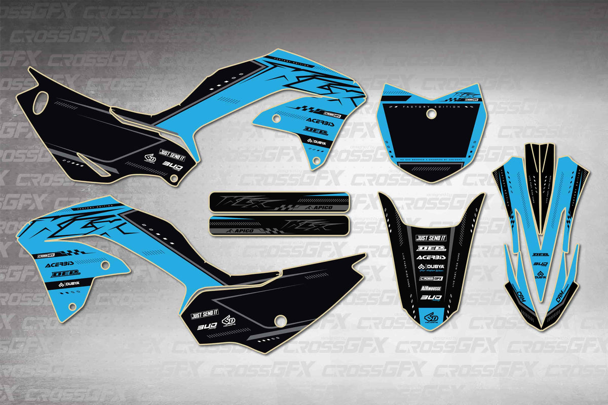 Graphics for Kawasaki KLX 230R 2020-2024 - Flux Blue - flat layout showing all decal pieces included