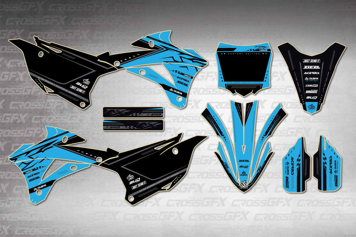 Graphics for Kawasaki KX 100 2014-2021 - Flux Blue - flat layout showing all decal pieces included