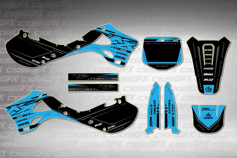 Graphics for Kawasaki KX 250 1999-2002 - Flux Blue - flat layout showing all decal pieces included