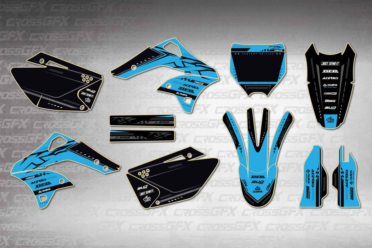Graphics for Kawasaki KX 250F 2006-2008 - Flux Blue - flat layout showing all decal pieces included