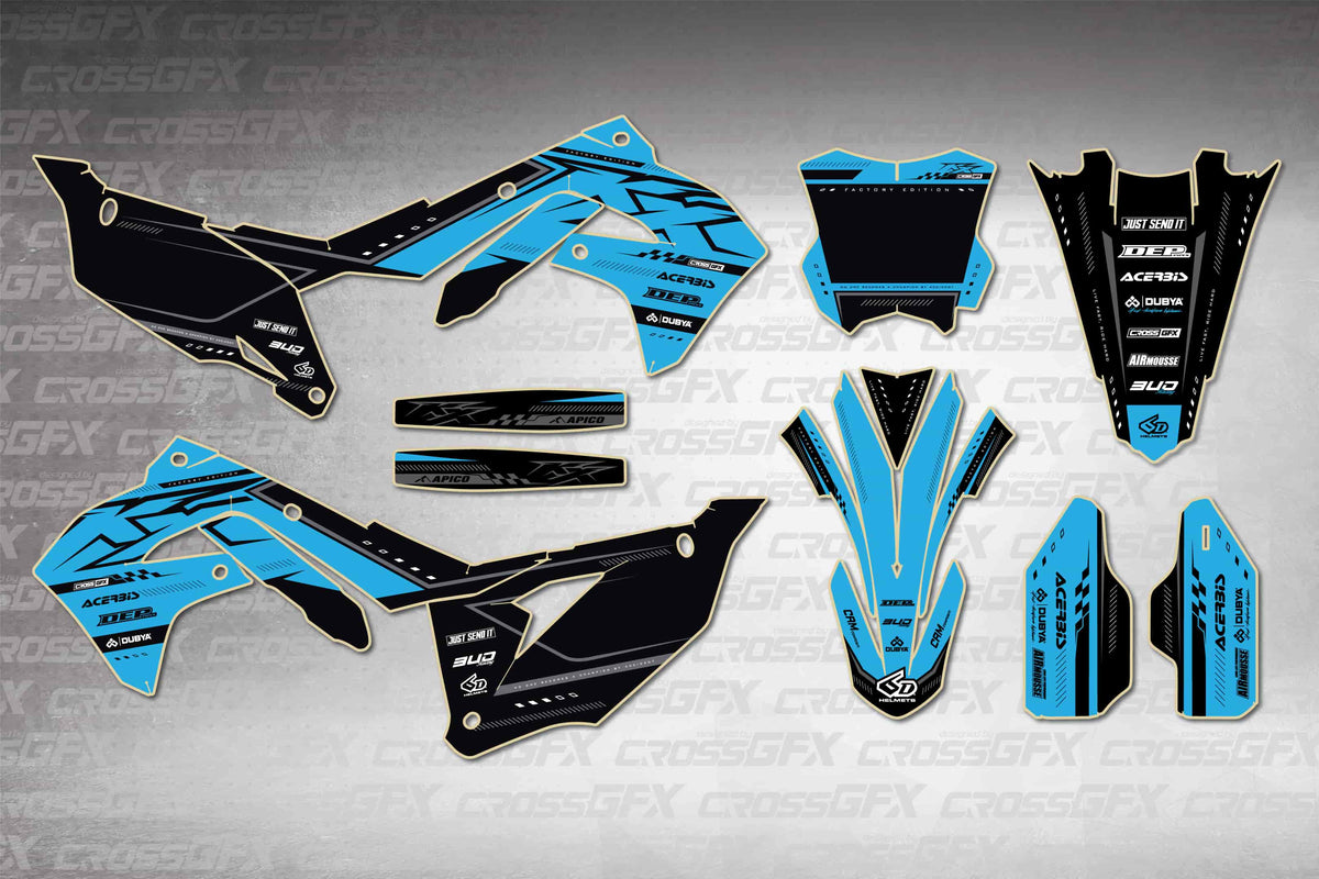 Graphics for Kawasaki KX 250X 2021-2024 - Flux Blue - flat layout showing all decal pieces included