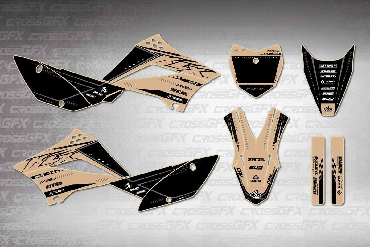 Graphics for Kawasaki KLX 110 2010-2026 - Flux Brown - flat layout showing all decal pieces included