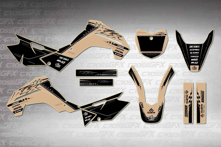 Graphics for Kawasaki KLX 140 2008-2018 - Flux Brown - flat layout showing all decal pieces included